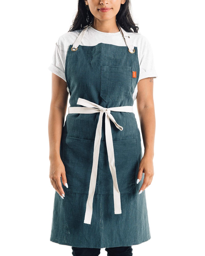Caldo Linen Kitchen Apron - Mens and Womens Linen Bib Apron - Adjustable with Pockets (Spruce) - Image 1
